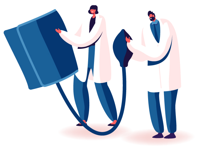 Two doctors with a blood-pressure cuff illustration