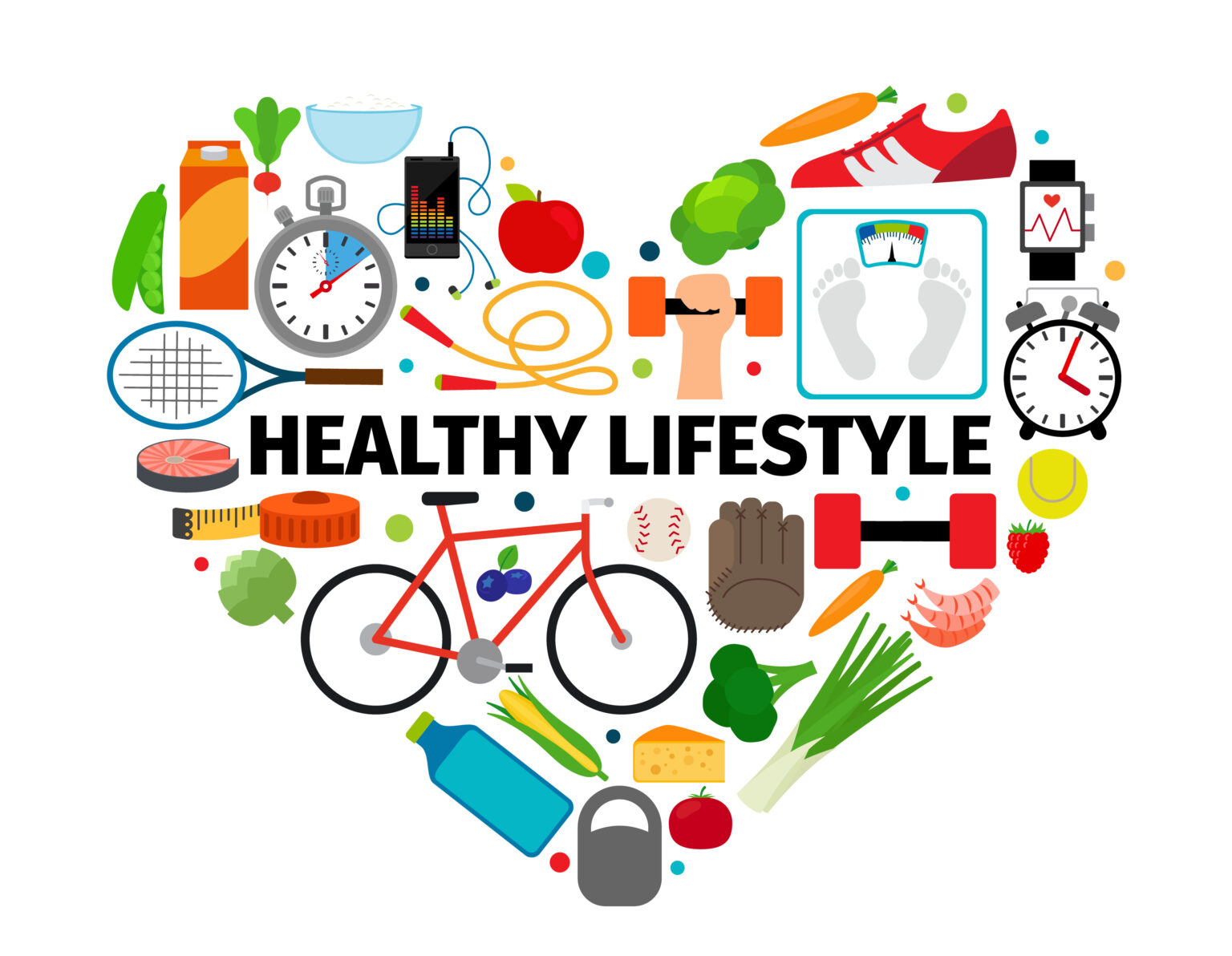 Healthy lifestyle heart emblem. Health, healthy food and active daily routine flat icons vector banner isolated on white background